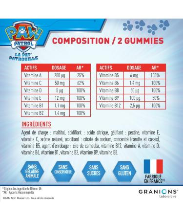 60 GRANIONS PAW PATROL Multivitamin Gummies | Food Supplement | Immunity Fatigue | Vitamins A C D and Group B | Strawberry Flavor | No Animal Gelatin No Sugars | Made in FR - Buy Online on GoSupps.com