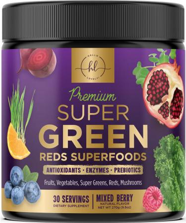 Greens Powder Superfood Supplement - Super Green Smoothie Mix Blend with Spirulina Wheat Grass Chlorella Beets Digestive Enzymes Antioxidants - Vegan Non-GMO Natural Berry Flavor - 30 Servings
