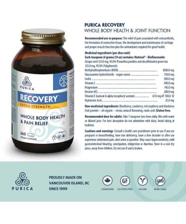 Purica Recovery Extra Strength - 360 Vegan Capsules - Joint Supplement with Glucosamine MSM and Betaine Hydrochloride Hyaluronic Acid for Knee Joint Support - Includes Vitamin C & E 360 Count (Pack of 1) - Buy Online on GoSupps.com