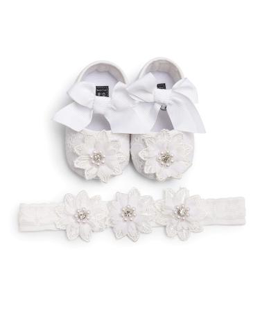 TMEOG 2 x Toddler Shoes + Headband Baby Girl Flower Shoes Non-Slip Soft Special Occasions Christening Wedding Party Shoes 12-18 Months C White