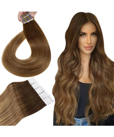 Hetto tape in Extensions real hair balayage extensions tape in real hair smooth hair recovery tape real hair remy medium brown to light brown and dark blonde balayage #8/18/14 35cm 50g 35 cm 1-2 #6/8/14