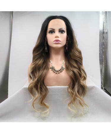 Buy xiweiya 26-Inch Long Natural Brown Wig with Blonde Tips - 3 Tones Loose Curly Synthetic Lace Front Hair for Mermaid Drag Queen Party - Heat Resistant Fiber - Buy Online on GoSupps.com