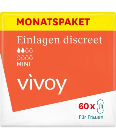 VIVOY DISCREET Mini - 60 Insoles in the monthly package (6 x 10 pieces) - With slight bladder weakness and incontinence - Hygiene inserts for women individually packaged 60 pieces (1 Pack)