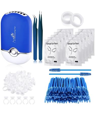 Honoson Eyelash Extension Supplies, USB Air Conditioning Blower, 2 Straight and Curved Tweezers,100 Disposable Mascara, 50 Glue Ring Holder, 2 Tapes, 10 Pairs Under Eye Gel Pads (Blue)