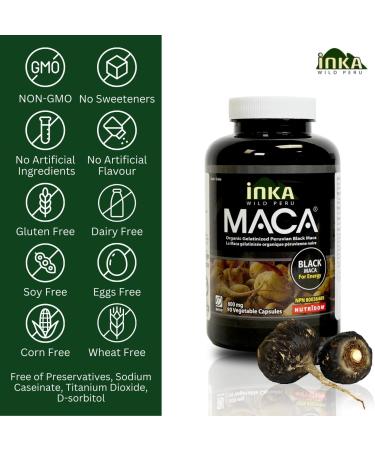 InkaMaca Organic Black Maca 800mg (90 Capsules) Gelatinized Non-GMO Vegan Gluten-Free Soy-Free Dairy-Free - Authentic Peruvian Maca Root Supplement for Energy & Vitality 90 count (Pack of 1) - Buy Online on GoSupps.com