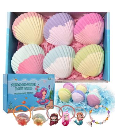 Mermaid Bath Bombs for Kids Girls with Surprise Inside, 6 Pcs Natural Fizzy Princess Fun Shell Bubble Bath Bomb Kit with Jewelry Toys, Christmas Easter Basket Stuffer Valentines Day Birthday Gift Set