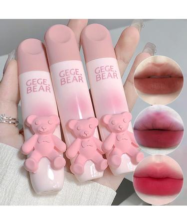 Sitovely 3PCS Cute Bear Matte Lipstick Set Velvet Lipgloss Matte Lipstick Moisturizing Velvet Lip Gloss Long Lasting Pink Color Lip Glaze (B)