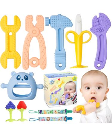 8 PC Baby Teething Toys  Teethers Set for 0-6  3-6 Months & 6-12 Months  Baby Essentials  Infant Toys  Baby Chew Toys Set  Food Grade Silicone  Hammer Wrench Spanner Pliers Fruit Giraffe Shape Teether