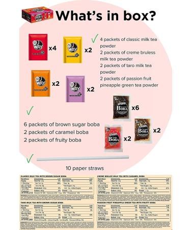 J WAY Instant Boba Bubble Pearl Variety Milk Tea Fruity Tea Kit with Authentic Brown Sugar Caramel Fruity Tapioca Boba  Ready in Under One Minute  Paper Straws Included - Gift Box - 10 Servings Variety Milk Tea with Fruity - Buy Online on GoSupps.com