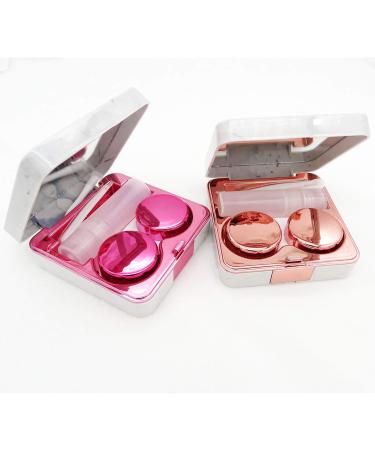 Eye Contact Lens Case Marble Travel Box 2 PCS Container Lens Kit Portable Contact Case Holder with Mirror Care Solution Bottle Tweezers Container (Rose Gold+Rose)