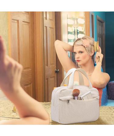 Women's Corduroy Makeup Bag - Large Cosmetic Organizer Pouch in Beige - Buy Online on GoSupps.com