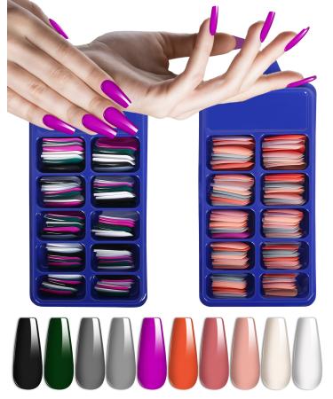 200PCS Acrylic Press on Nails Long Coffin, Glue on Nails for Women, Glossy Fake Nails Kit, Stick on Nails, Professional Nail Art Salon Manicure Set with Nail File, Mix-Colors Nail Tips 9 Mixed Colors SOD7