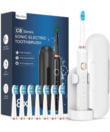 Sonic Electric Toothbrush for Adults and Kids - Sonic Toothbrushes with 8 Tooth Brush Replacement Head and 5 Brushing Modes 120 Days of Use with 3-Hour Fast Charge 2 Minute Smart Timer White 1 count (Pack of 1)