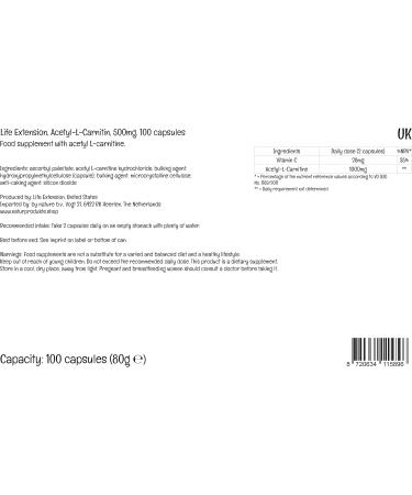 Life Extension Acetyl-L-Carnitine 500mg with High Dose Vitamin C - 100 Vegan Capsules | Laboratory Tested, Gluten-Free, Vegetarian, Non-GMO - Buy Online on GoSupps.com