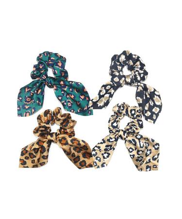 Fodattm Set of 4 Leopard Elastic Rabbit Ear Hair Scrunchies Hair Band Bowknot Hair Rope Ponytail Holder Hair Ties