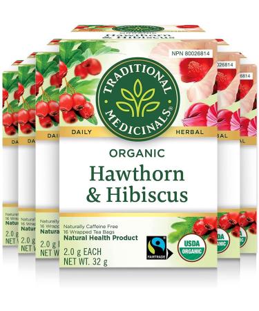 Traditional Medicinals - Organic Hawthorn with Hibiscus Herbal Tea (Pack of 6) - Fair Trade Ingredients - Promotes Heart Health - 96 Tea Bags Total Tea Hawthorn with Hibiscus 16 count (Pack of 6)