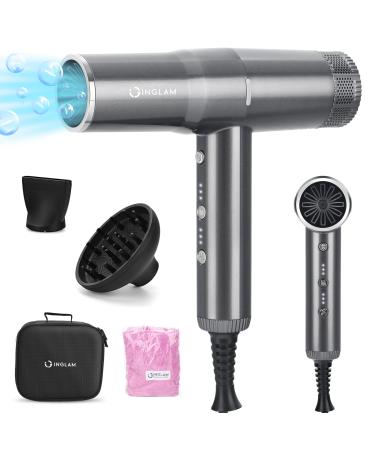 Blow Dryer with Diffuser IG INGLAM Professional Hair Dryer 110 000RPM Brushless Motor High Speed Low Noise Constant Temperature Auto-Clean Powerful Ionic Hair Dryer for Salon Travel Gift Gray-std