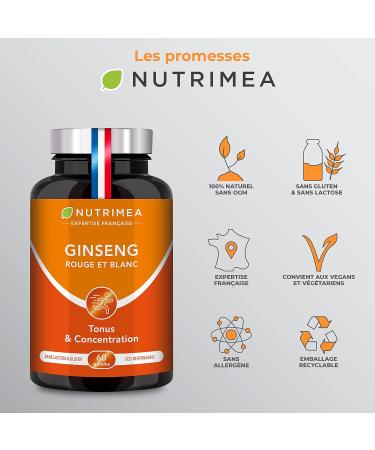 Red and White Ginseng - 100% Natural - Extraction Ratio 10:1 - Dosed at 15% Ginsenosides - Reduce Fatigue - Helps Concentrate - 60 Capsules - Nutrimea - Buy Online on GoSupps.com