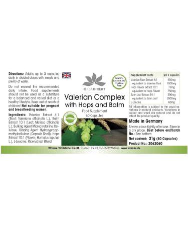 Valerian Extract Plus with Hops & Lemon Balm - 60 Vegan Capsules | HERBADIREKT by Warnke Vitalstoffe - Premium German Pharmacy Quality - Buy Online on GoSupps.com
