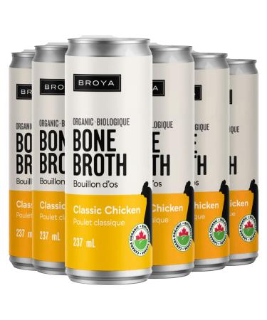 Broya Classic Chicken Bone Broth | Certified Organic Chicken with Collagen Protein | Paleo Keto and Gluten-Free | Perfect for Sipping Soup and Cooking Stock | (6 Cans) CLASSIC CHICKEN 237 ml (Pack of 6)