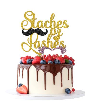 Tenhaisi Staches or Lashes Cake Topper - Gender Reveal Party Decoration Supplies - Boy or Girl/He or She Baby Shower Cake Decor - Gold Glitter Cake Topper