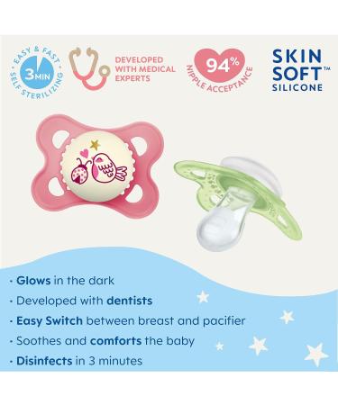 Mam Night Glow in the Dark Silicone Pacifier - Pink 0-6 Months (2-Count) | Safe Baby Products | International Shipping - Buy Online on GoSupps.com