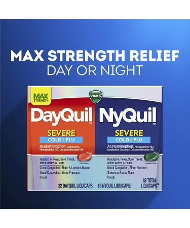 Vicks DayQuil/NyQuil Severe Cough Cold & Flu Relief 48 LiquiCaps - Sore Throat, Fever, Congestion Relief - 32 DayQuil/16 NyQuil - Day & Night Formula - 48 Count - Buy Online on GoSupps.com