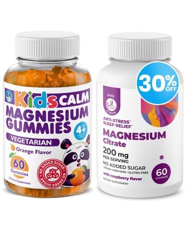 DR. MORITZ Kids Magnesium Gummies Orange Flavor (60 Count 1 Pack) and 200 mg Calm Magnesium Gummies for Women & Men Raspberry Flavor (60 Count 1 Pack) - No Added Sugar & Non-GMO