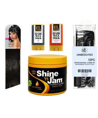Hair Wax Stick and Edge Control Bundle with AMPRO Shine 'n Jam Extra Hold Conditioning Hair Gel 16oz 2 BTL Hair Wax Sticks 15g Ms. Remi Sapphire Edge Laying Scarf 60"x4" Black UniBeauties 12 PC Comb set -with Edge Brush 3 Alligator Hair Clips