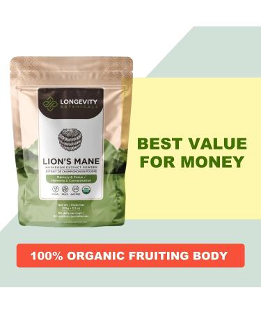 Longevity Botanicals Organic Lions Mane Mushroom Powder - 100% Fruiting Body Supplement for Mental Clarity & Memory - 100g - Buy Online on GoSupps.com