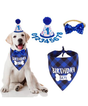 ADOGGYGO Dog Birthday Party Supplies, Boy Dog Birthday Hat with Numbers, Plaid Dog Puppy Birthday Bandana and Blingbling Dog Bow Set