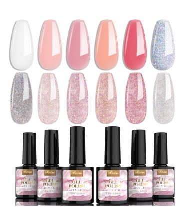 Glitter Gel Nail Polish  Kredioo 1 Chrome Holographic and 5 Jelly Nude Pink Transparent Colors 11 Effects Nail Polish Set UV LED Soak Off Nail Gel Polish for Daily Nail Art Design Salon Manicure-0.25 fl.oz Each Chroma