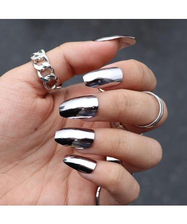 MISUD Medium Coffin Press on Nails - Glossy Silver Chrome Metallic False Nails (01-O) - Buy Online on GoSupps.com