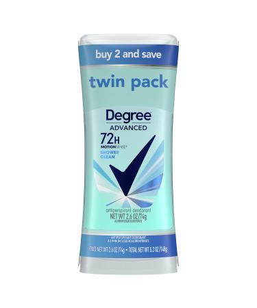 Degree Advanced Antiperspirant Deodorant 72-Hour Sweat & Odor Protection Shower Clean Antiperspirant for Women with MotionSense Technology 2.6 oz Twin Pack