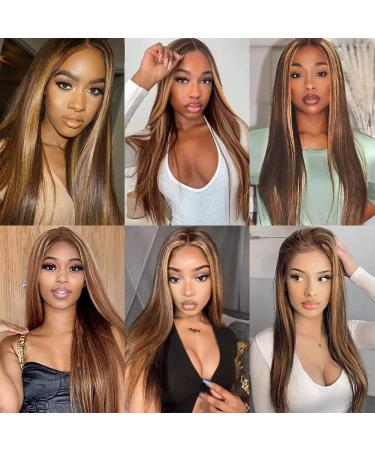 Honey Blonde Brown Ombre Straight Lace Front Human Hair Wig 24 Inch 4/27 Highlight Colored 180% Density HD Lace Frontal Wig for Women - Buy Online on GoSupps.com