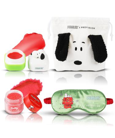 Profusion Cosmetics Peanuts Holiday Goodnight Set Featuring A Lip Balm Scrub Snoopy Pouch and Eye Sleep Mask Infused with Vitamin E