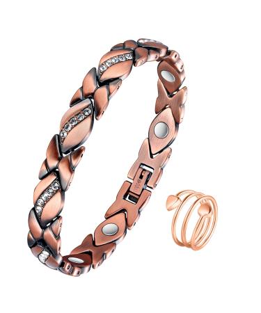 Jeracol Copper Magnetic Bracelet and Ring for Women Magnetic Brazaletes with Crystals Adjustable Size Solid Copper Bracelet Wristband with Removal Tool & Jewellry Gift Box Gold rose