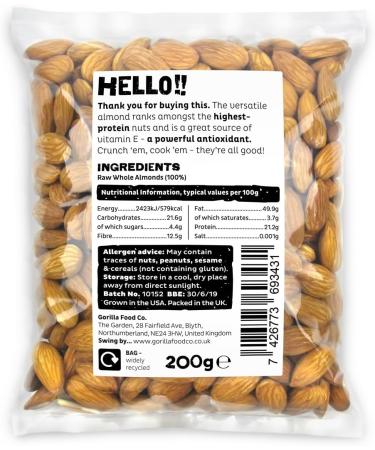 Gorilla Food Co. Natural Almonds Whole Raw Californian Extra No.1 Grade - 200g - Buy Online on GoSupps.com