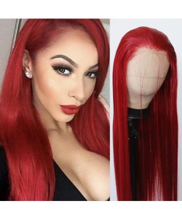 BTWTRY Red Synthetic Lace Front Wig Long Straight Dark Red Lace Front Synthetic Wig Pre Plucked Natural Hairline Glueless Heat Resistant Fiber Hair Wig for Fahison Women (Red)