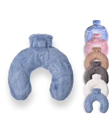Luxury Hot Water Bottle with Faux Fur Cover Soft Fluffy Neck U Shape Cosy Fleece 1.8L Capacity (Sapphire Blue)