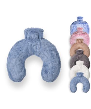 Luxury Hot Water Bottle with Faux Fur Cover Soft Fluffy Neck U Shape Cosy Fleece 1.8L Capacity (Sapphire Blue)