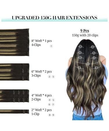 Buy Doores Real Hair Extensions Clip-In - Balayage Natural Black to Light Blonde 50cm (20in) - 9 Pieces 150g Remy Human Hair for Thick Luxurious Volume - Buy Online on GoSupps.com