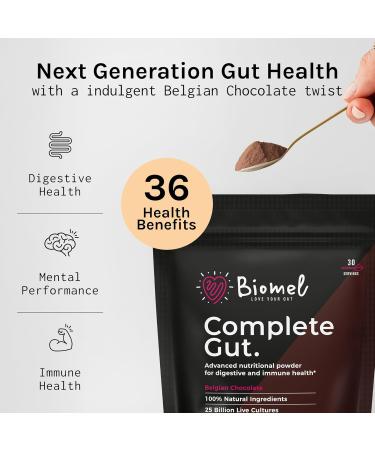 Biomel Complete Gut - Belgian Chocolate - Advanced Gut Health - 450g/30 Servings - Vegan Friendly - Gluten Free - Delicious & Effective - Buy Online on GoSupps.com