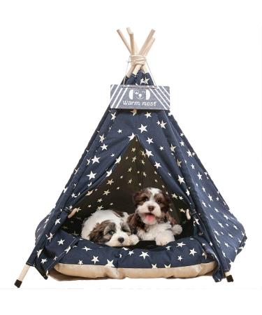 Pet Teepee Tent for Dogs & Cats, 24 Inch & 47 Inch Portable Indoor Dog House with Thick Cushion, Cat Teepee Washable Tent Dog Teepee Bed Indoor 24 Inch Navy Blue Stars