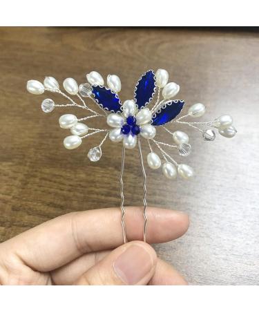 Flower Bridal Hair Pins Pearl Bride Wedding Hair Accessories Rhinestone Hair Piece for Women and Girls(Blue) - Buy Online on GoSupps.com