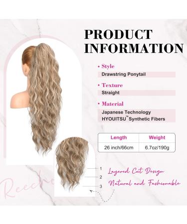 REECHO 26 Long Beach Wave Drawstring Ponytail Extension - Dark Blonde with Highlights | Synthetic Hairpiece for Women - Buy Online on GoSupps.com
