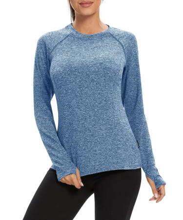 Soneven Women's Thermal Fleece Running Shirts Compression Shirts Quick Dry Workout Pullover Tops with Thumb Holes Small Crew Neck-haze Blue