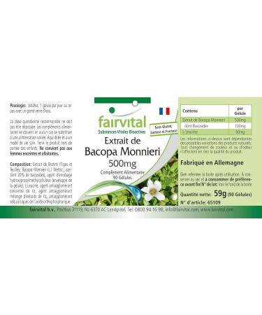 Fairvital Bacopa Monnieri Extract 500mg Brahmi Capsules - Vegan Formula Without Magnesium Stearate | 90 Capsules - Buy Online on GoSupps.com