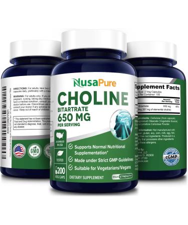 Choline Bitartrate 650mg 200 Veggie Capsules - Vegetarian, Non-GMO & Gluten-Free - Buy Online on GoSupps.com