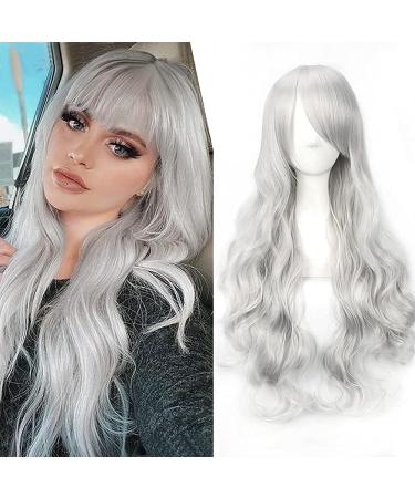 YEESHEDO 32 Silver Grey Long Wavy Curly Cosplay Wig with Bangs - Heat Resistant Synthetic Hair for Women and Girls - Perfect for Party, Costume, Anime, Halloween - Buy Online on GoSupps.com